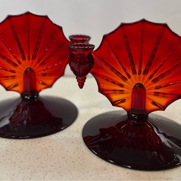 Rare Pair of 1930s Art Nouveau New Martinsville Ruby Red Radiance Candle Holders - Picture 2 of 8